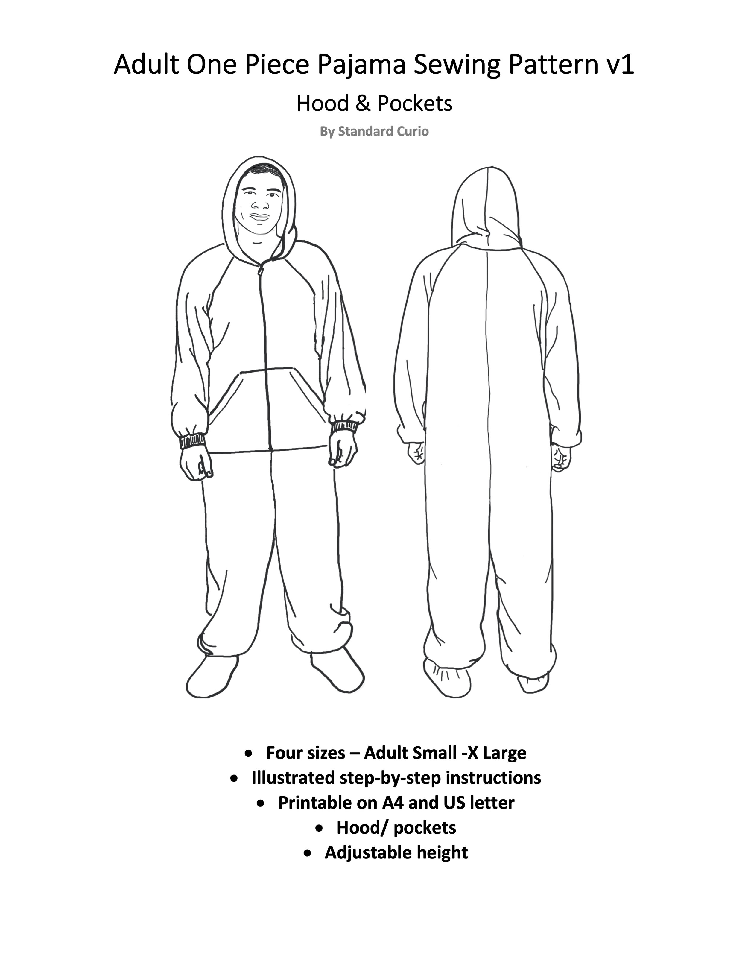 PDF Onesie Pajama Sewing Pattern - v1 Hood/Pockets - Adult Small